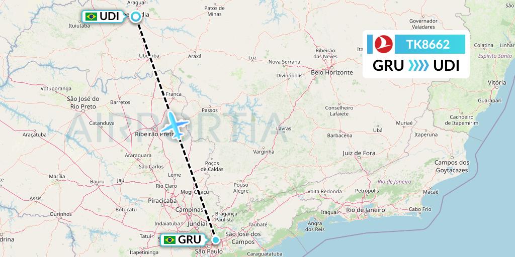 TK8662 Turkish Airlines Flight Map: Sao Paulo to Uberlandia