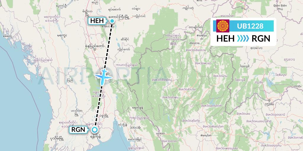 UB1228 Myanmar National Airlines Flight Map: Heho to Yangon