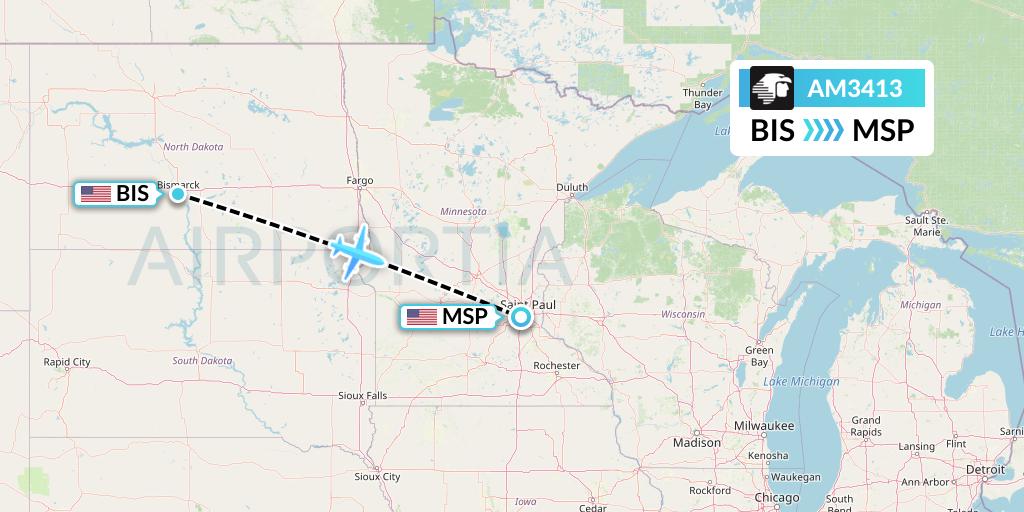 AM3413 Aeromexico Flight Map: Bismarck to Minneapolis