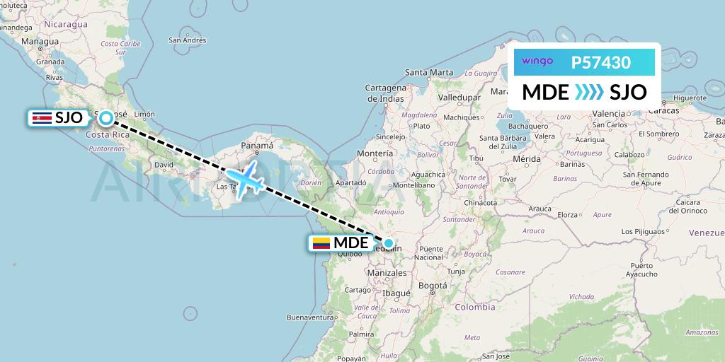 P57430 Copa Airlines Colombia Flight Map: Medellin to San Jose