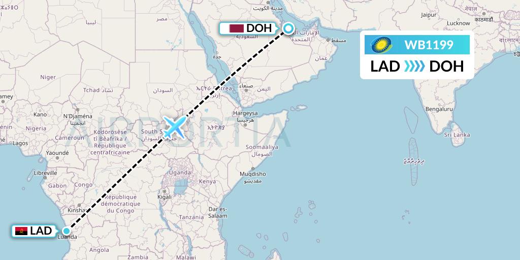 WB1199 RwandAir Flight Map: Luanda to Doha