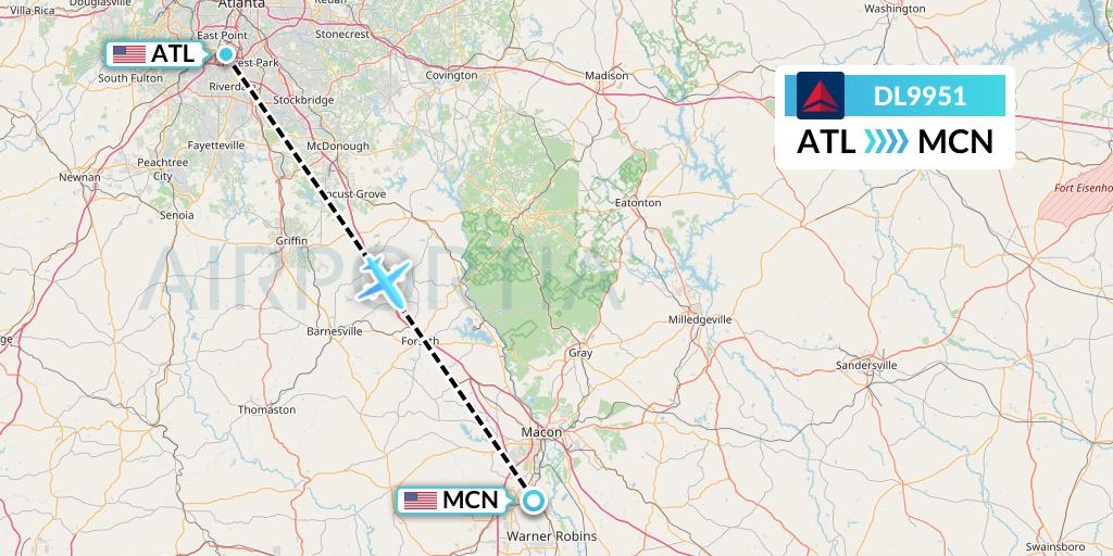 DL9951 Delta Air Lines Flight Map: Atlanta to Macon