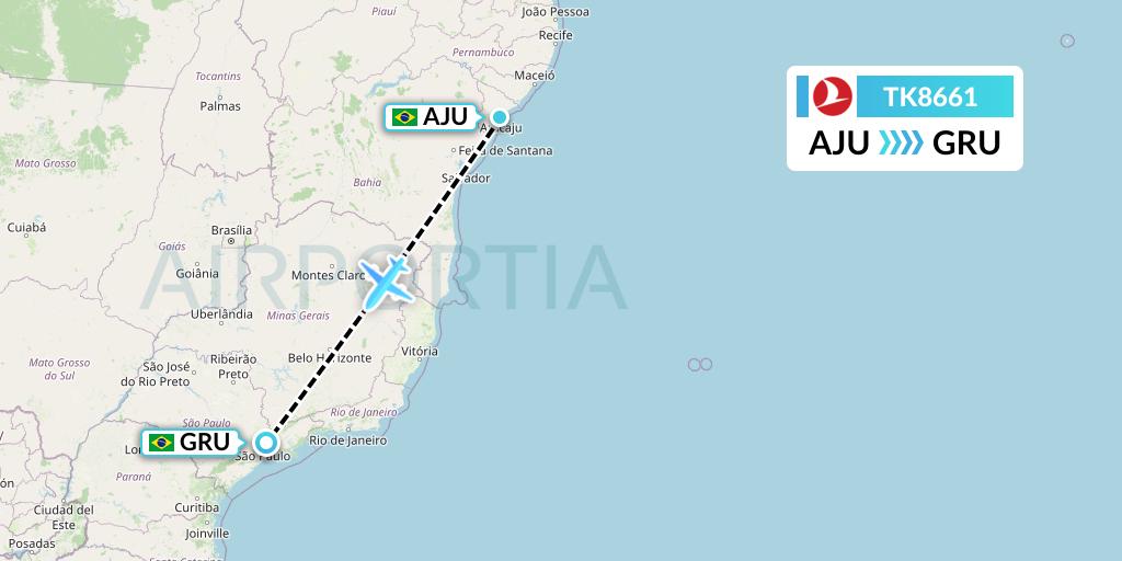 TK8661 Turkish Airlines Flight Map: Aracaju to Sao Paulo
