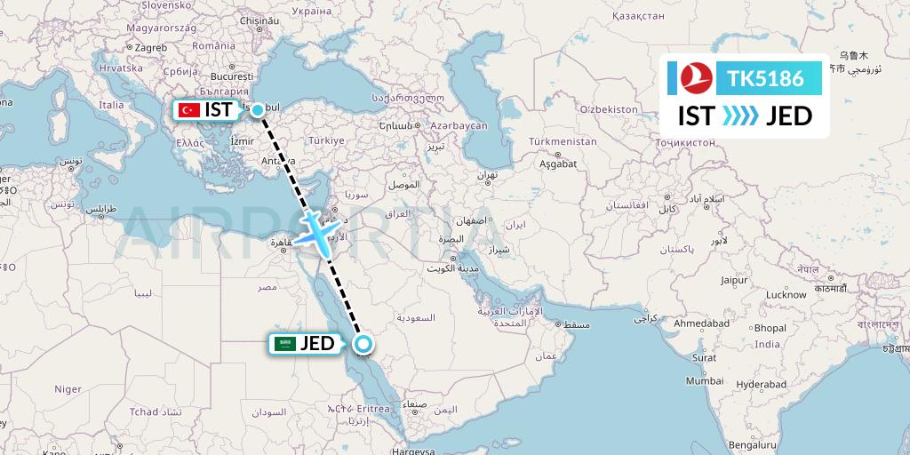 TK5186 Turkish Airlines Flight Map: Istanbul to Jeddah