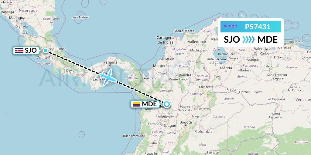 P57431 Copa Airlines Colombia Flight Map: San Jose to Medellin