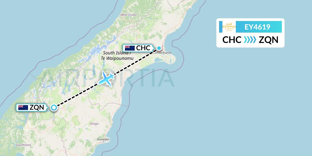 EY4619 Etihad Airways Flight Map: Christchurch to Queenstown