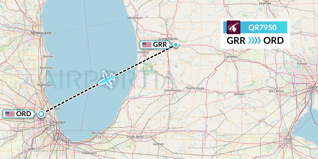 QR7950 Qatar Airways Flight Map: Grand Rapids to Chicago
