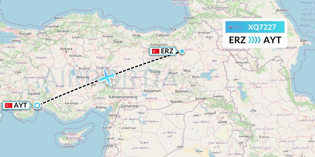 XQ7227 SunExpress Flight Map: Erzurum to Antalya