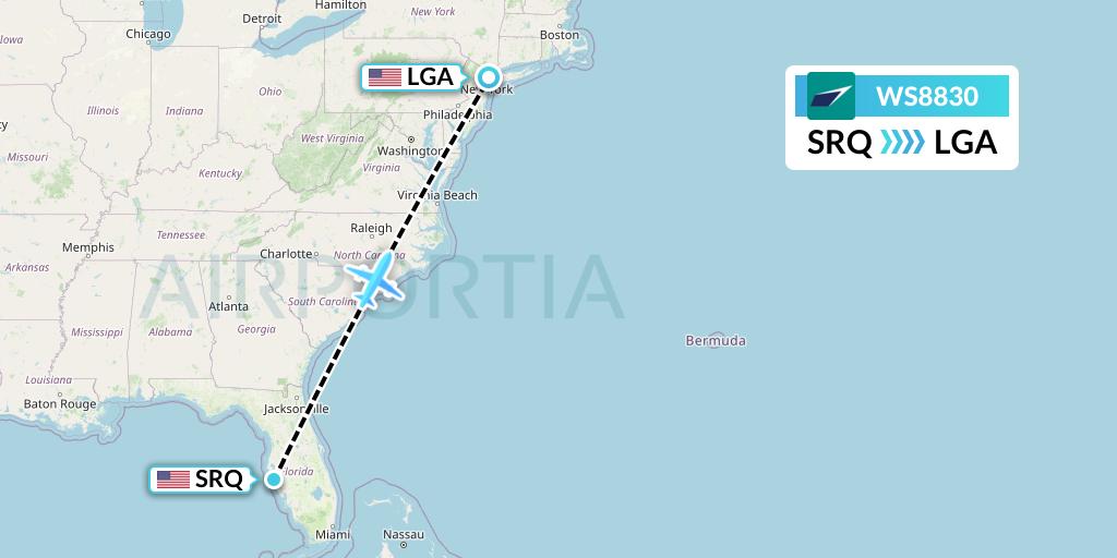 WS8830 WestJet Flight Map: Sarasota to New York
