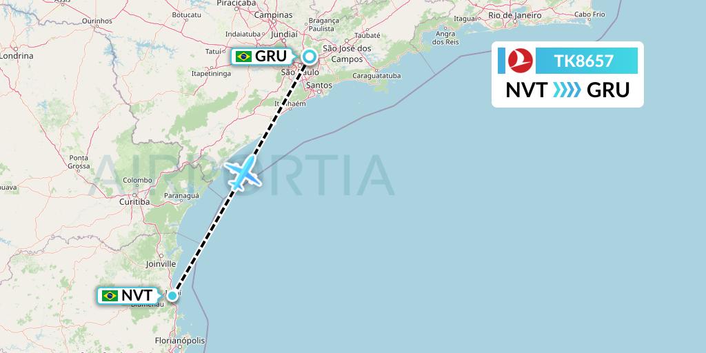 TK8657 Turkish Airlines Flight Map: Navegantes to Sao Paulo