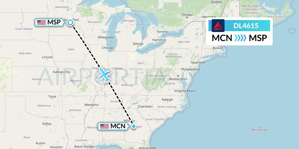 DL4615 Delta Air Lines Flight Map: Macon to Minneapolis