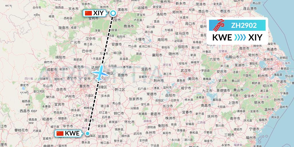 ZH2902 Shenzhen Airlines Flight Map: Guiyang to Xi'an