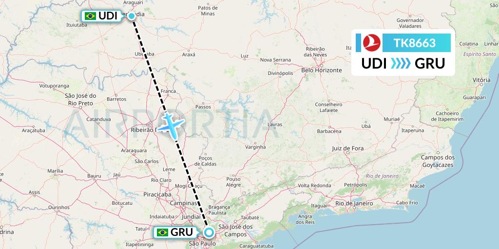 TK8663 Turkish Airlines Flight Map: Uberlandia to Sao Paulo