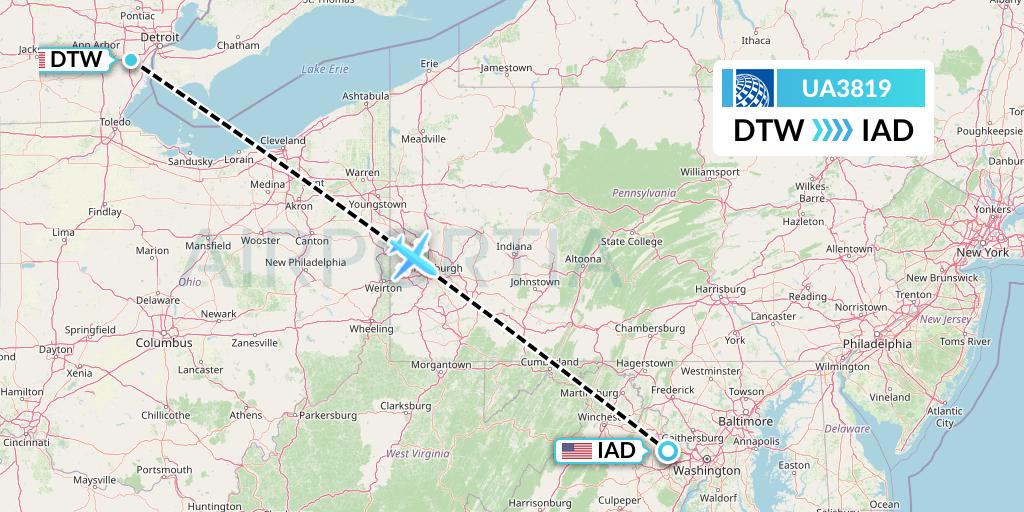 UA3819 United Airlines Flight Map: Detroit to Washington
