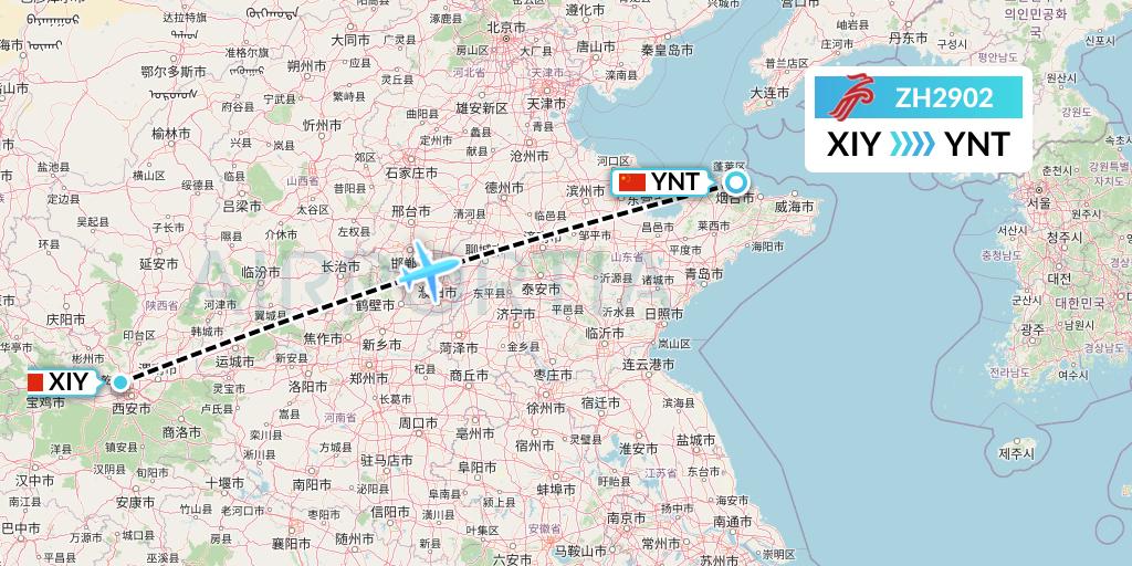 ZH2902 Shenzhen Airlines Flight Map: Xi'an to Yantai