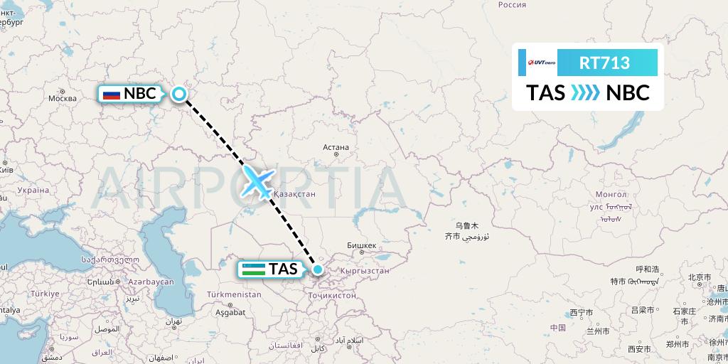 RT713 UVT aero Flight Map: Tashkent to Naberezhnye Chelny