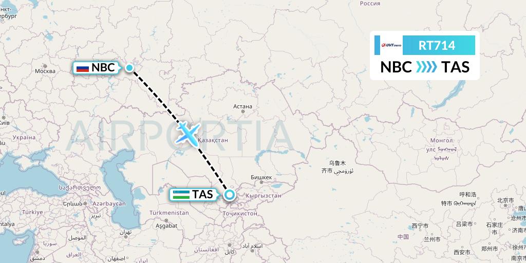 RT714 UVT aero Flight Map: Naberezhnye Chelny to Tashkent