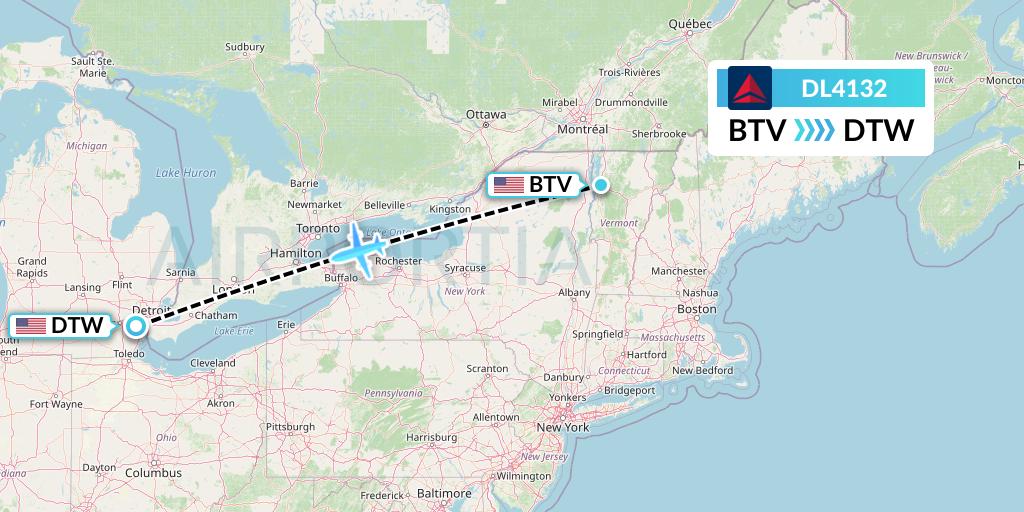 DL4132 Delta Air Lines Flight Map: Burlington to Detroit