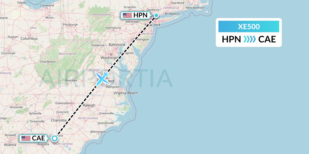 XE500 Jsx Flight Map: White Plains to Columbia
