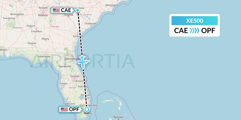 XE500 Jsx Flight Map: Columbia to Miami