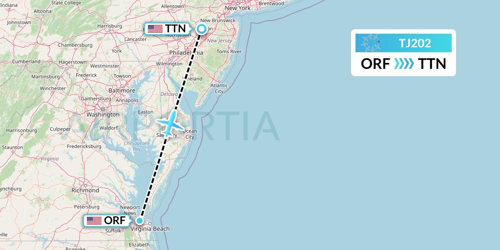 TJ202 Tradewind Aviation Flight Map: Norfolk to Trenton