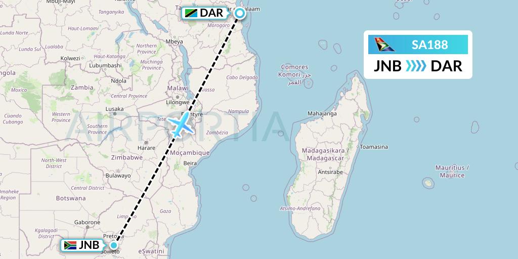 SA188 South African Airways Flight Map: Johannesburg to Dar-es-Salaam