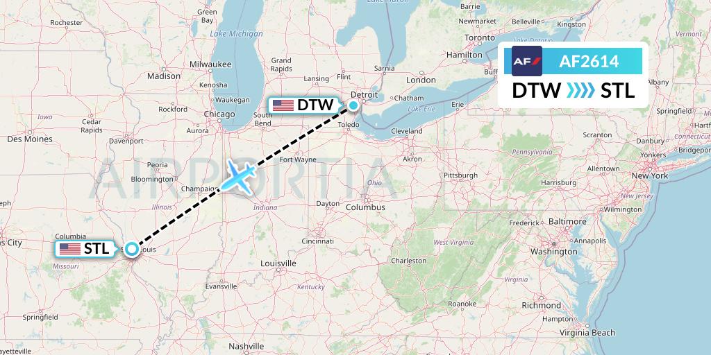 AF2614 Air France Flight Map: Detroit to St. Louis