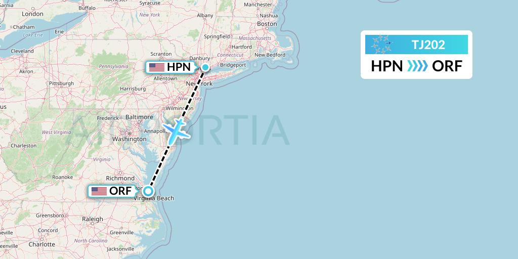 TJ202 Tradewind Aviation Flight Map: White Plains to Norfolk