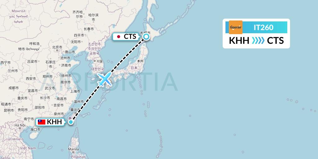 IT260 Tigerair Taiwan Flight Map: Kaohsiung to Sapporo