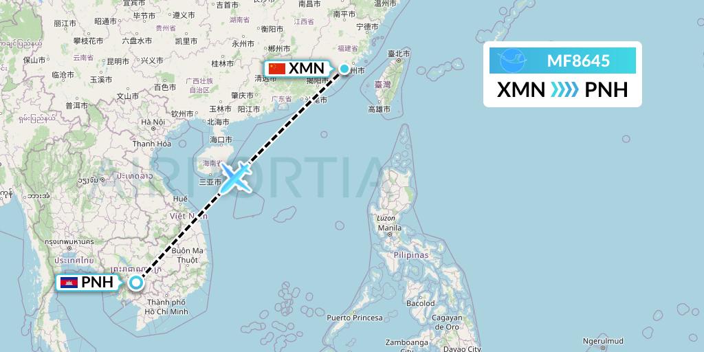 MF8645 Xiamen Airlines Flight Map: Xiamen to Phnom Penh
