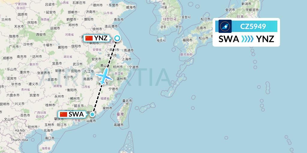 CZ5949 China Southern Airlines Flight Map: Jieyang to Yancheng