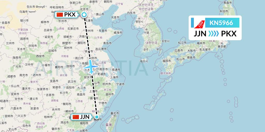 KN5966 China United Airlines Flight Map: Jinjiang to Beijing