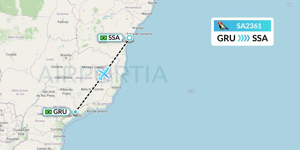 SA2361 South African Airways Flight Map: Sao Paulo to Salvador
