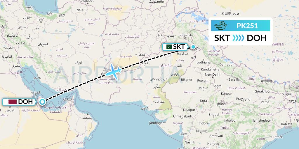 PK251 Pakistan International Airlines Flight Map: Sialkot to Doha