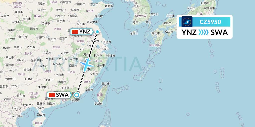 CZ5950 China Southern Airlines Flight Map: Yancheng to Jieyang