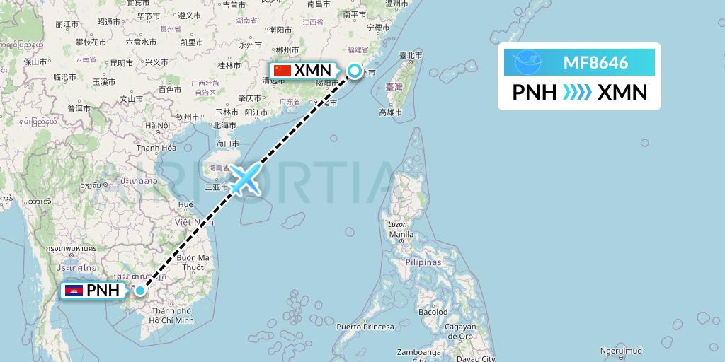 MF8646 Xiamen Airlines Flight Map: Phnom Penh to Xiamen