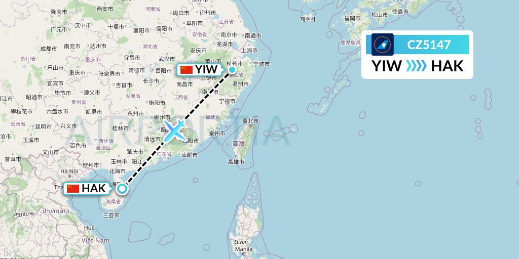 CZ5147 China Southern Airlines Flight Map: Yiwu to Haikou