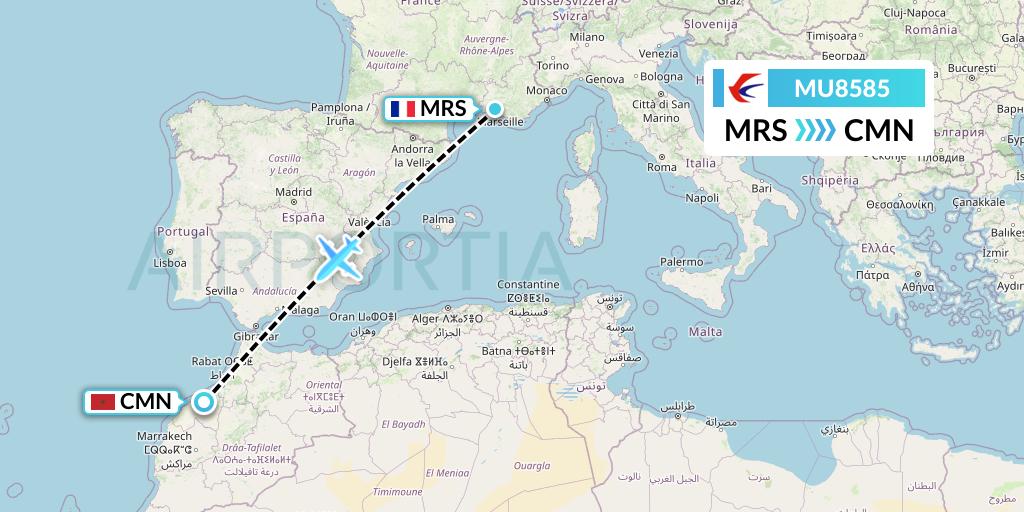 MU8585 China Eastern Airlines Flight Map: Marseille to Casablanca
