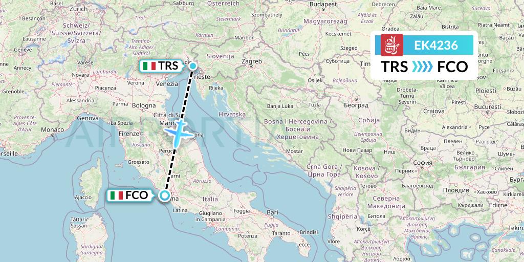 EK4236 Emirates Flight Map: Trieste to Rome