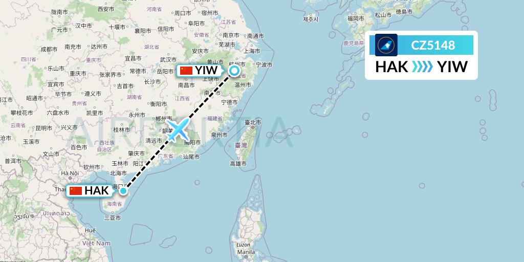 CZ5148 China Southern Airlines Flight Map: Haikou to Yiwu