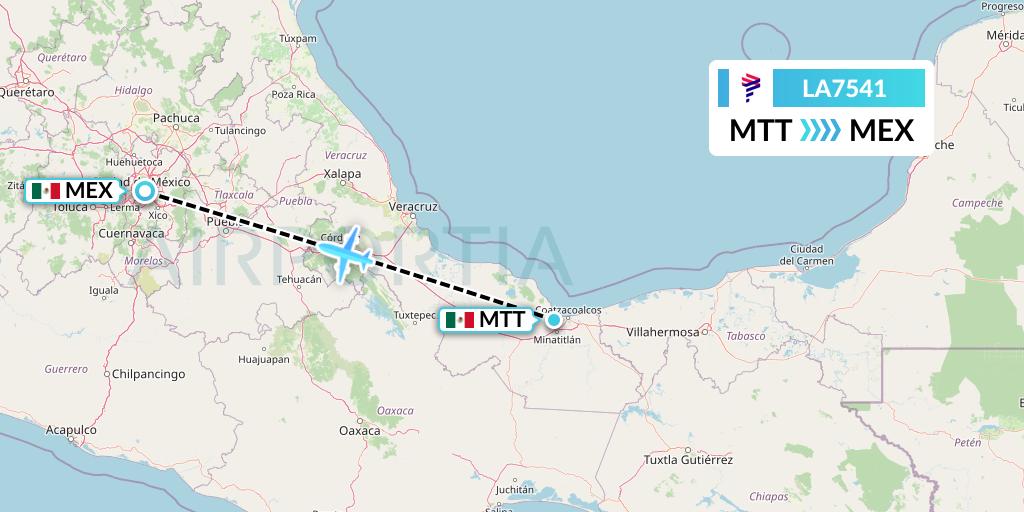LA7541 LAN Airlines Flight Map: Minatitlan to Mexico City