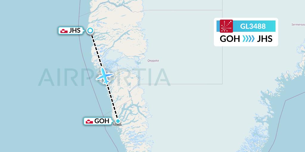 GL3488 Air Greenland Flight Map: Nuuk to Sisimiut