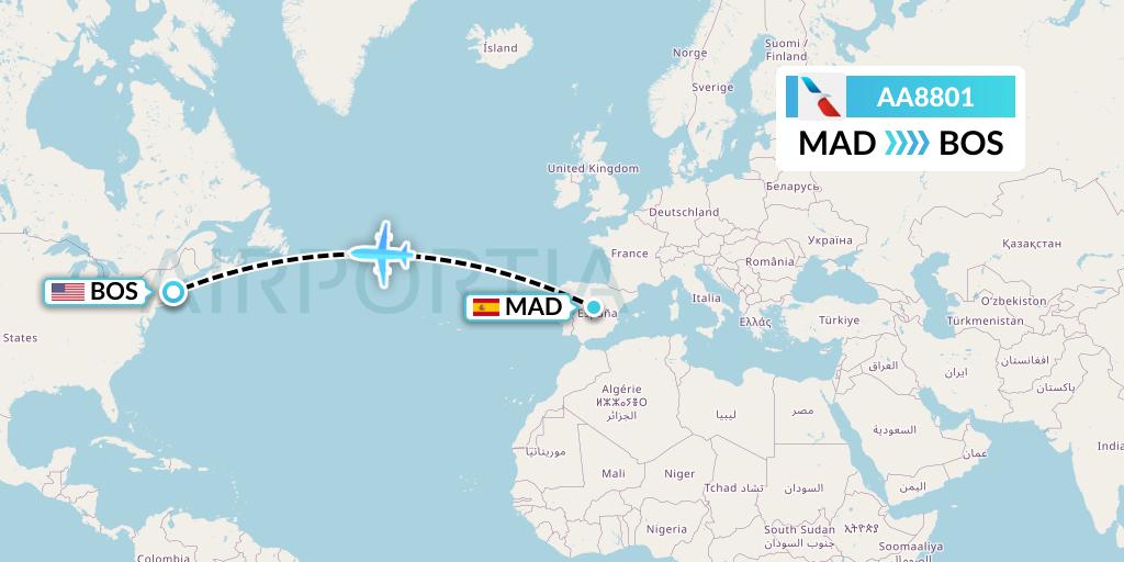 AA8801 American Airlines Flight Map: Madrid to Boston