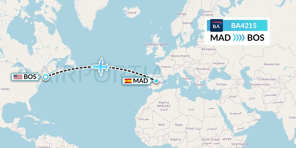 BA4215 British Airways Flight Map: Madrid to Boston