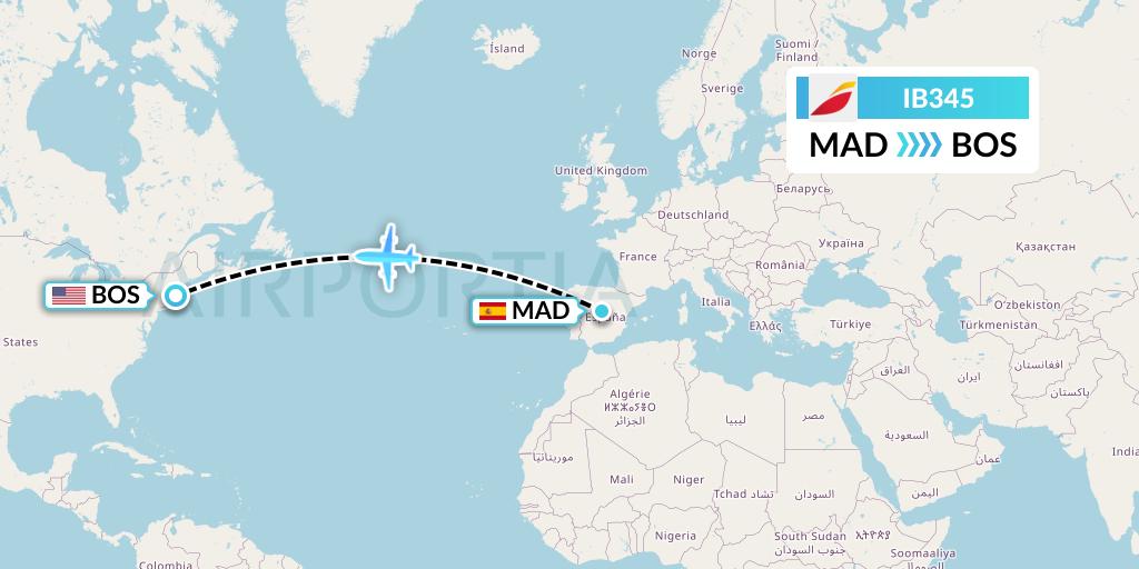 IB345 Iberia Flight Map: Madrid to Boston