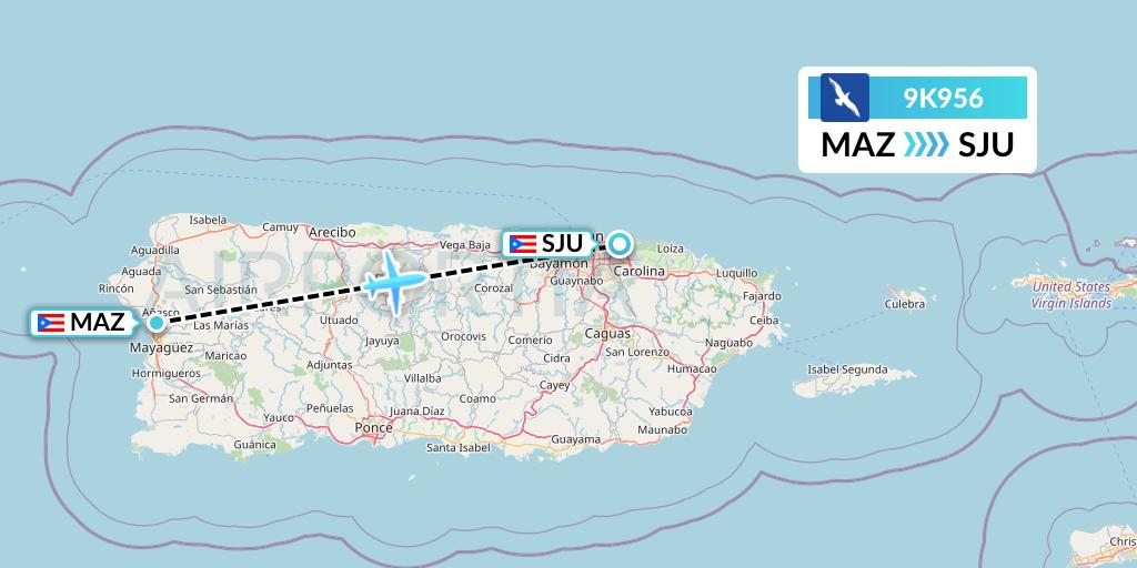 9K956 Cape Air Flight Map: Mayaguez to San Juan