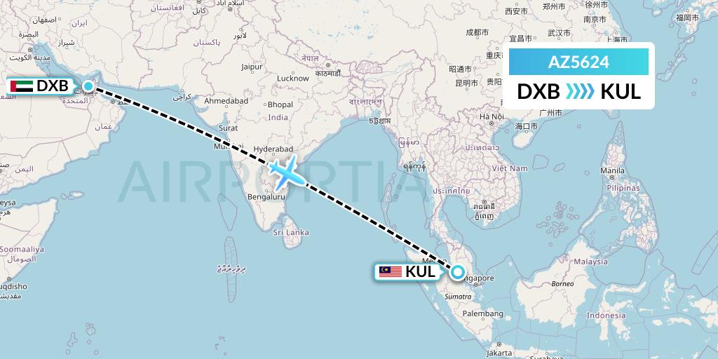 AZ5624 ITA Airways Flight Map: Dubai to Kuala Lumpur