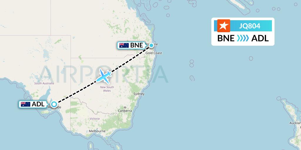 JQ804 Jetstar Airways Flight Map: Brisbane to Adelaide