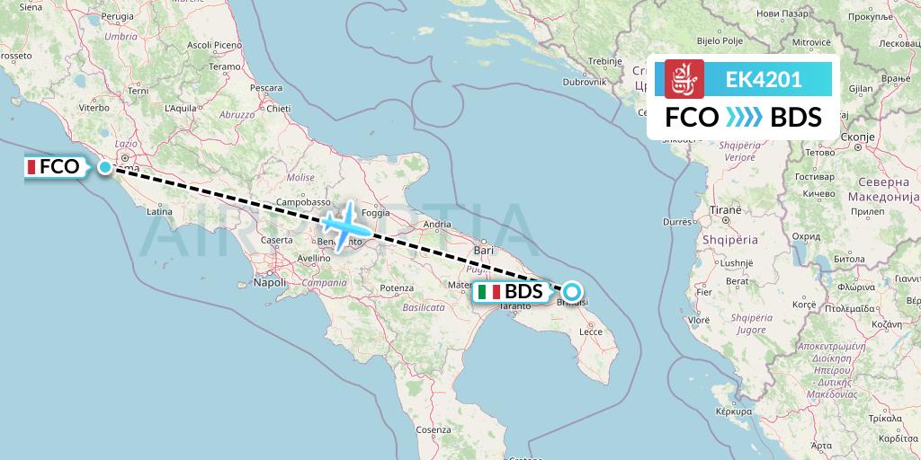 EK4201 Emirates Flight Map: Rome to Brindisi