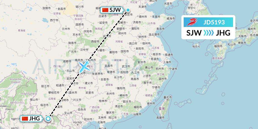 JD5193 Capital Airlines Flight Map: Shijiazhuang to Jinghong